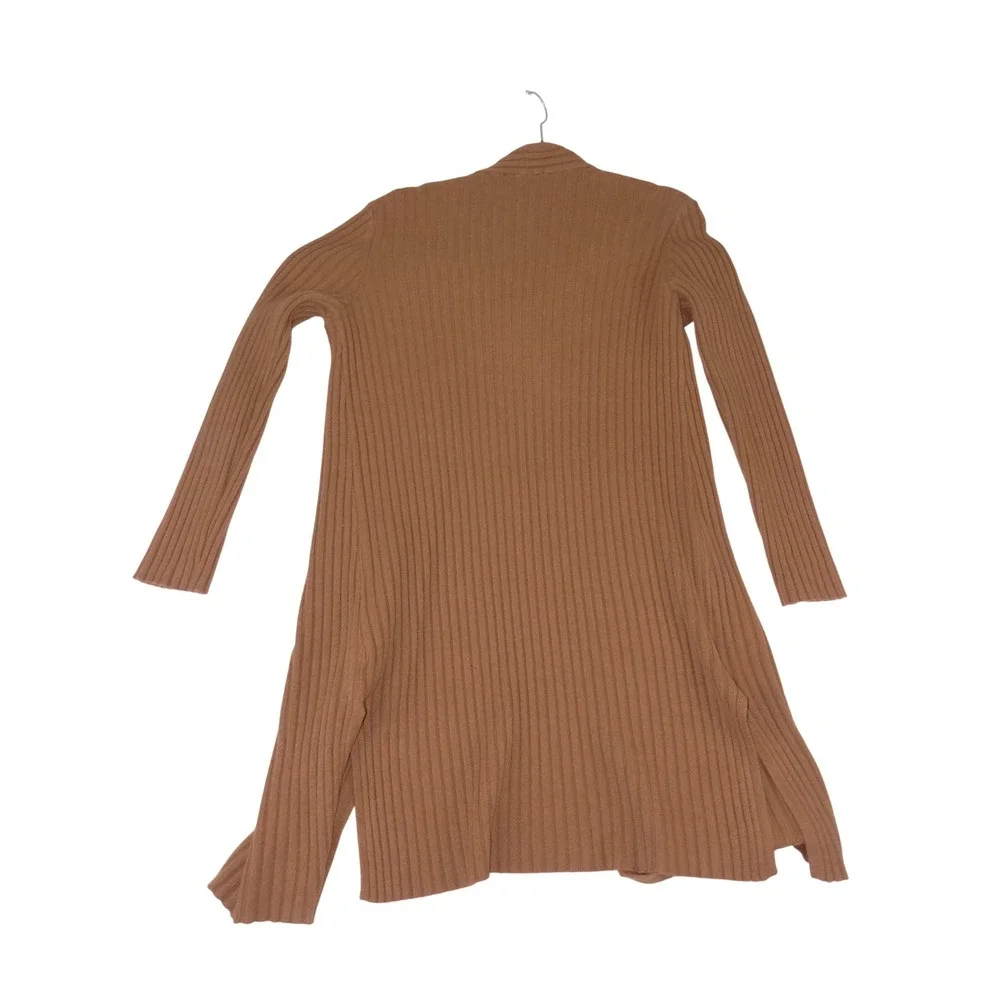 Cyrus Womens Ribbed Longline Open Front Cardigan Brown Pockets Size L 3880